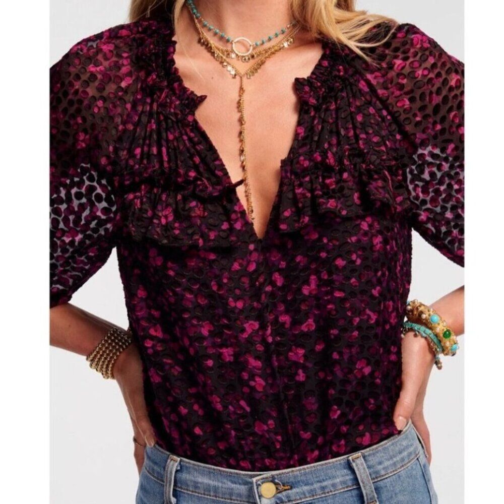 Ramy Brook Sara Plum Berry Print V-Neck Puff Sleeve Blouse Medium Night Out Date